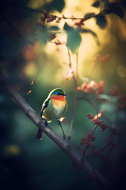 Un oiseau avec une tête verte et des yeux bleus est assis sur une branche.