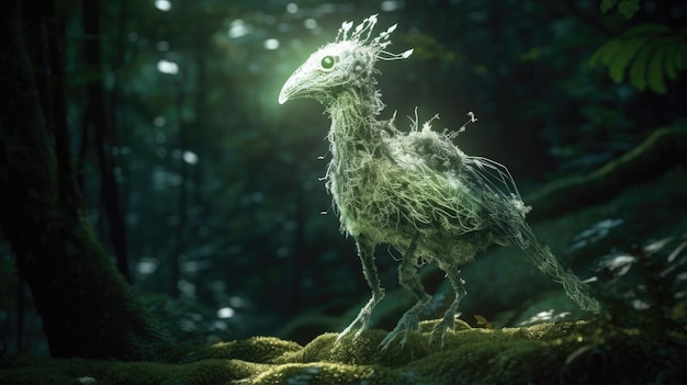 Un oiseau avec une tête et des yeux verts se tient dans une forêt.