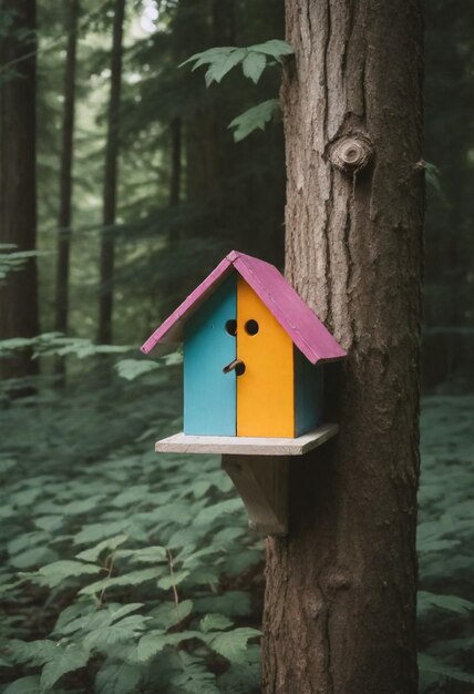 un oiseau avec un toit rose est assis sur un tronc d'arbre