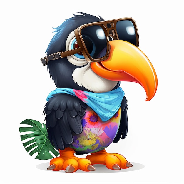 Oiseau toucan multicolore avec lunettes de soleil à bec et yeux de dessin animé