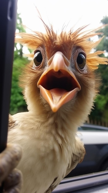 L'oiseau touche la caméra en prenant un selfie Un selfie drôle d'animal