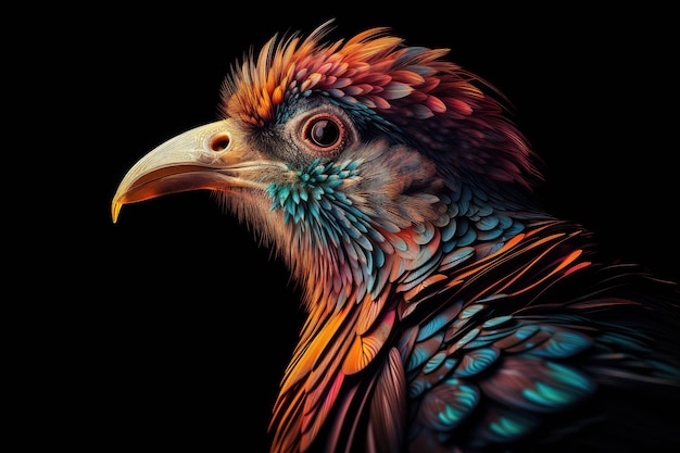 Oiseau Trippy avec des motifs psychédéliques sur ses plumes créés avec une IA générative