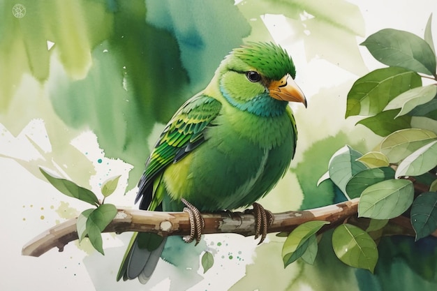 Oiseau tropical aquarelle perché sur une branche de forêt tropicale luxuriante