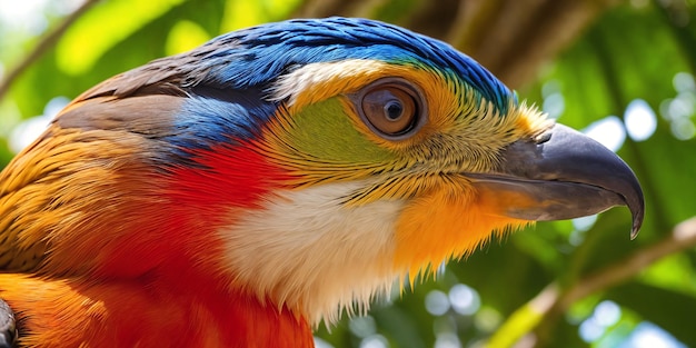 Oiseau tropical coloré dans la jungle par une journée ensoleillée Illustration de la forêt tropicale avec un bel oiseau lumineux parmi les plantes exotiques à grandes feuilles Arrière-plan avec un paysage naturel vierge AI générative