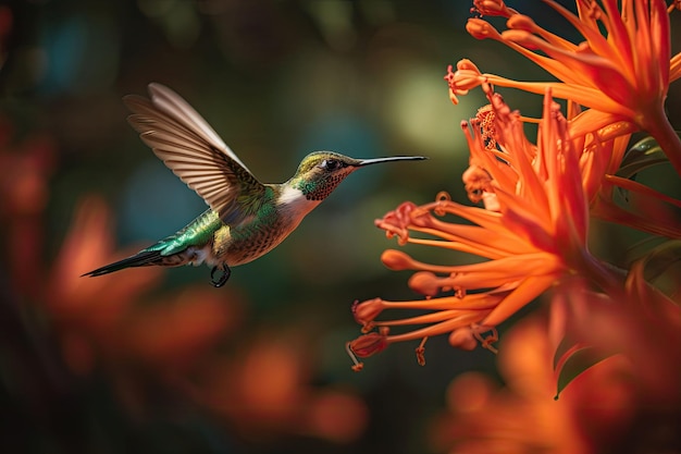 Oiseau tropical coloré et fleurs surréalistes Le colibri vole près de la fleur AI générative