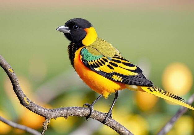 Un oiseau tropical avec une tête noire et un corps jaune-orange est assis sur une branche