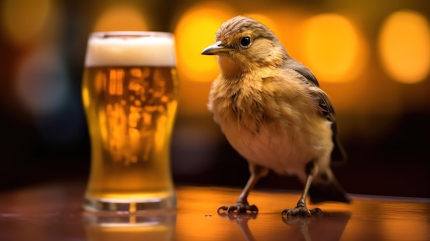 un oiseau et un verre de bière sur une table