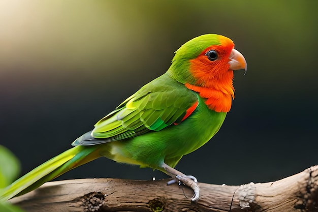 Un oiseau vert et orange avec une tête rouge et une tête verte est assis sur une branche.