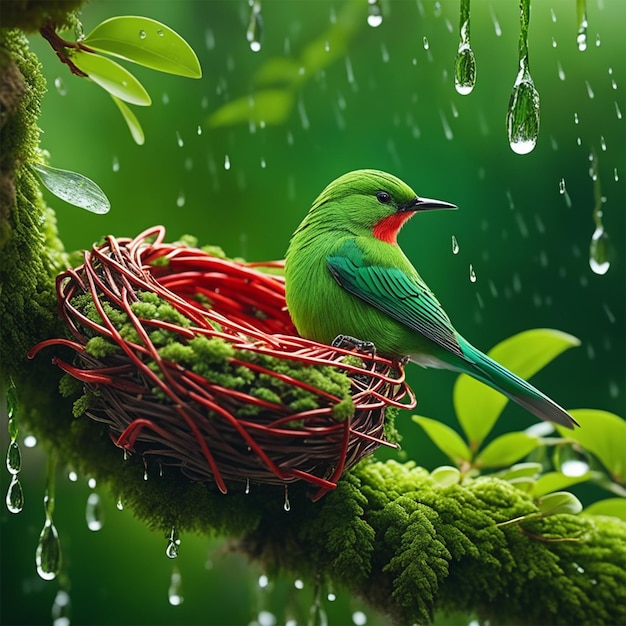 Oiseau vert rouge pluie nid arbre 8k arbres forêt