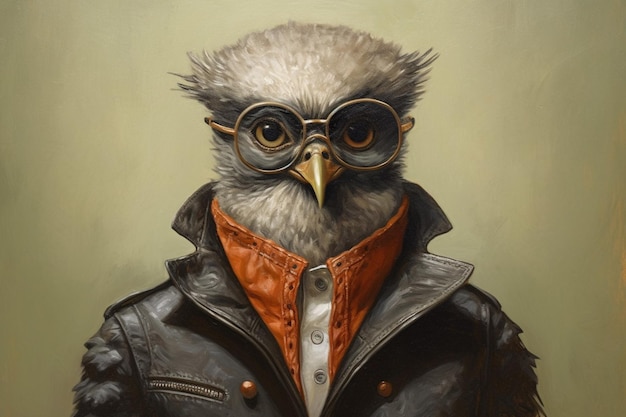 Un oiseau avec une veste et des lunettes