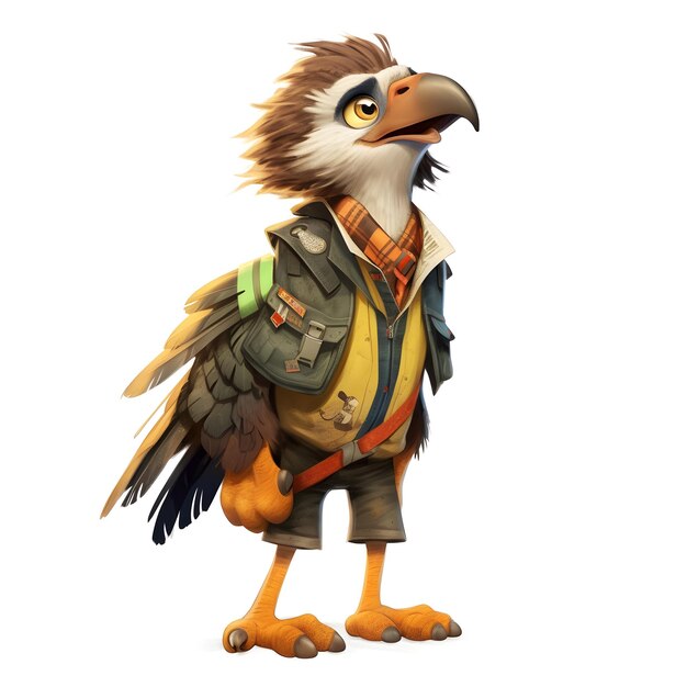 Un oiseau avec une veste qui dit "aigle" dessus