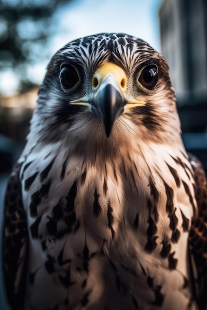 Un oiseau avec un visage noir et blanc et un œil jaune.