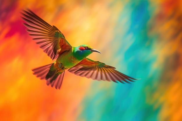 Un oiseau en vol contre un motif coloré