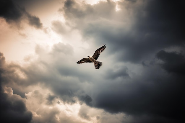 Un oiseau en vol contre un sk nuageux