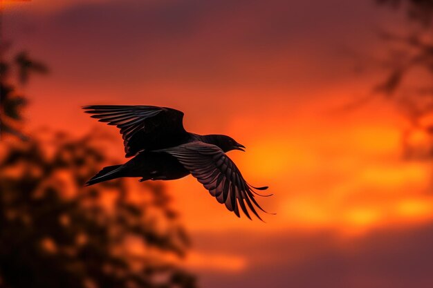 Un oiseau en vol contre un soleil de feu