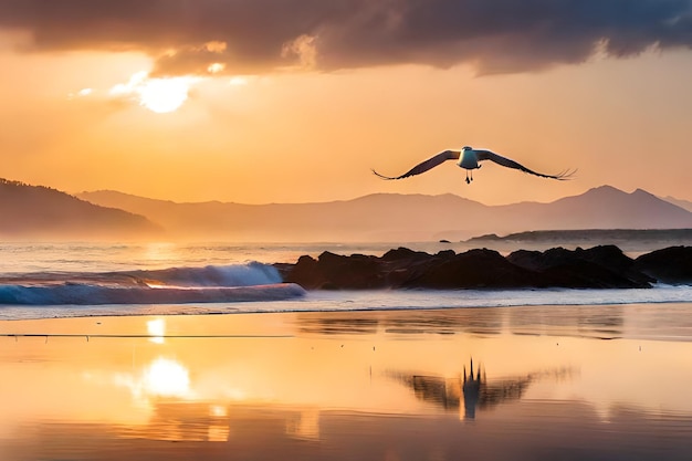 un oiseau volant au-dessus de l'océan avec le soleil se couchant derrière lui.