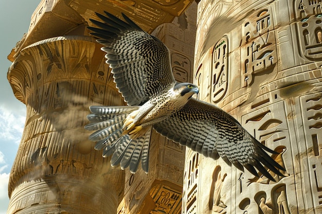 un oiseau volant devant un bâtiment avec un symbole dessus