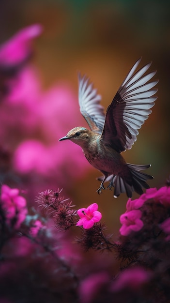 Un oiseau volant devant des fleurs roses