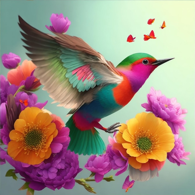 Oiseau volant mignon oiseau avec des fleurs Illustration AI Générative