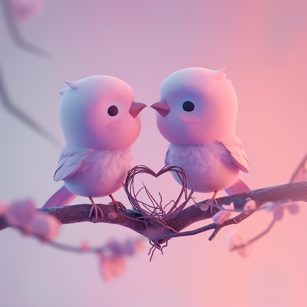 oiseaux adorables dans l'amour icône argile rendre mélangeur fond pastel 3D