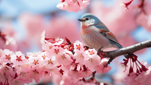 Oiseaux assis dans un arbre rempli de fleurs de cerisier AI générative