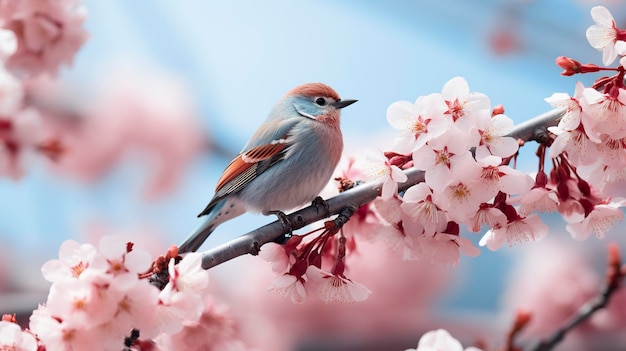 Photo oiseaux assis dans un arbre rempli de fleurs de cerisier ai générative
