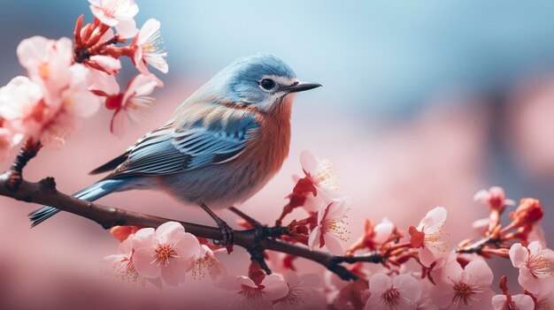 Des oiseaux assis dans un arbre rempli de fleurs de cerisier IA générative