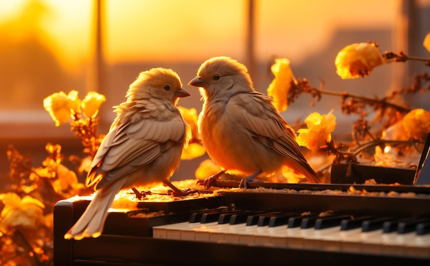 Photo oiseaux sur clavier de piano au soleil