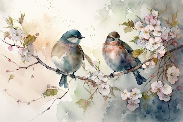 Oiseaux colorés sur bâton arbre fleuri avec fleur en aquarelle design artistique