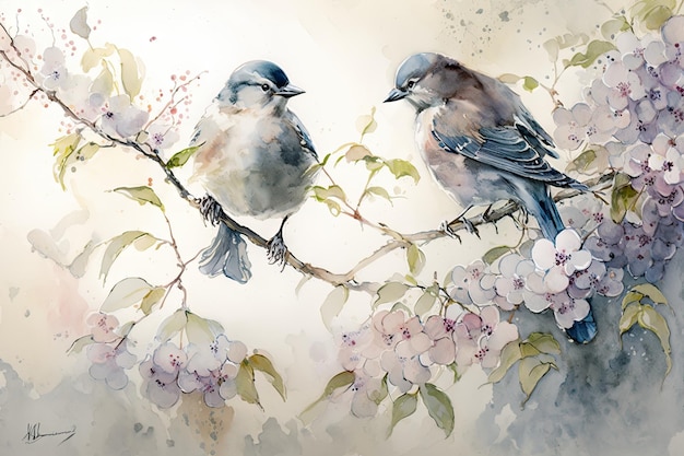 Oiseaux colorés sur bâton arbre fleuri avec fleur en aquarelle design artistique