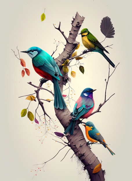 Oiseaux colorés sur une branche d'arbre Generative AI