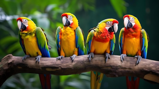 Oiseaux colorés sur une branche avec des feuilles en arrière-plan