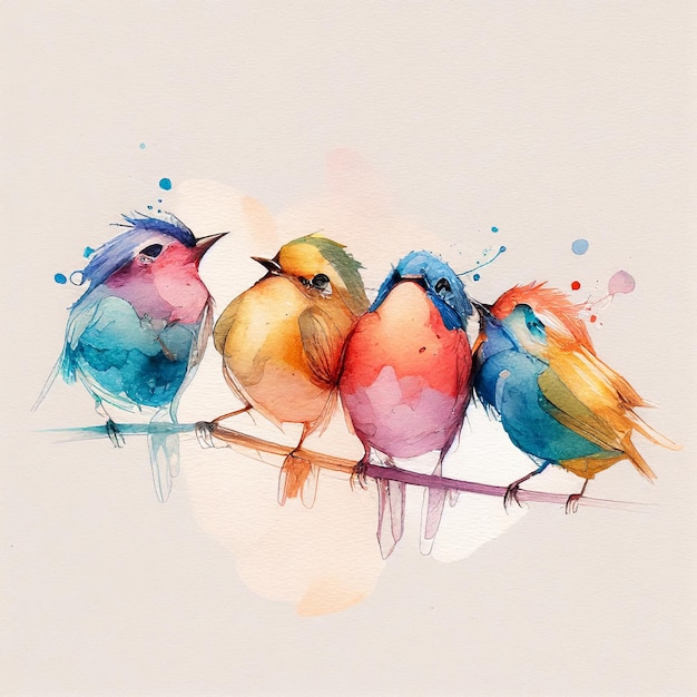 Oiseaux colorés sur une branche style aquarelle Generative AI