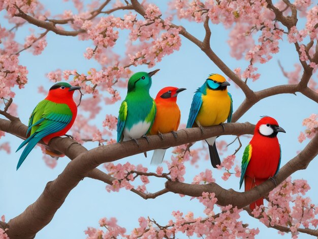 Des oiseaux colorés sont assis sur les branches de l'arbre.