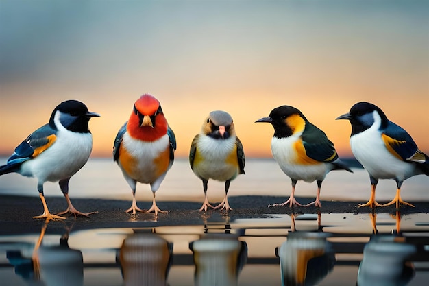 Photo oiseaux debout sur une surface humide avec le coucher de soleil en arrière-plan