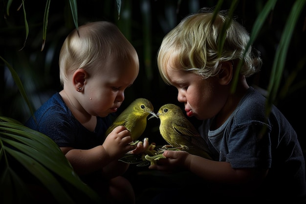 Des oiseaux à dos d'olivier nourrissant l'enfant cinnyris jugularis