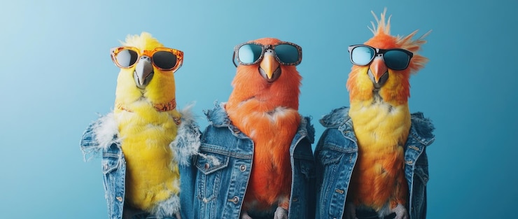 Photo des oiseaux drôles dans des vestes en denim avec des plumes colorées et des lunettes de soleil isolées sur un fond bleu