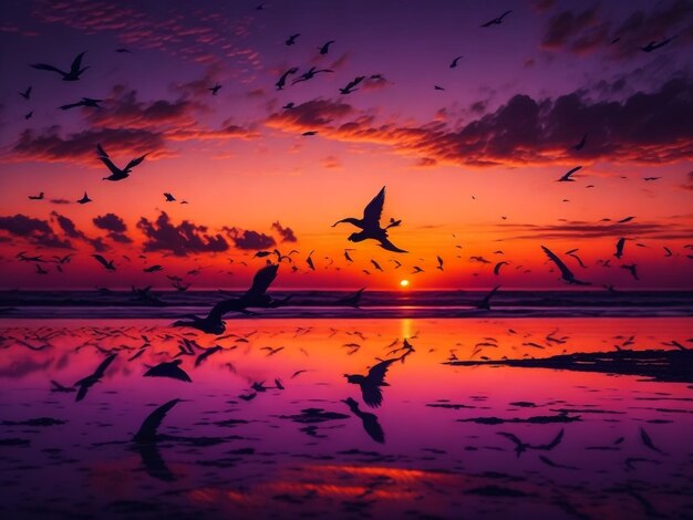 Photo les oiseaux du coucher du soleil