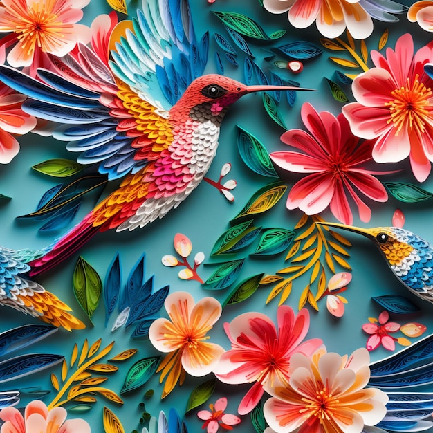 des oiseaux et des fleurs en papier de couleurs vives sur un fond bleu