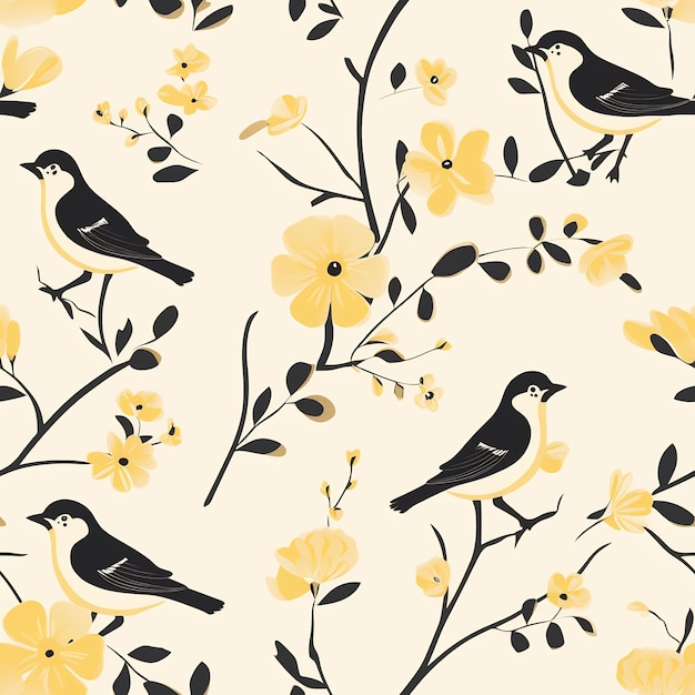 oiseaux sur fond jaune avec des fleurs jaunes
