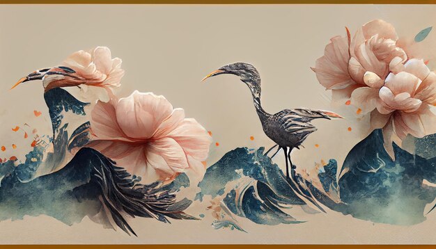 Oiseaux grue fond japonais avec texture aquarelle peinture texture illustration 3d