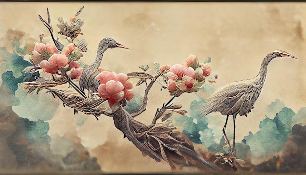 Oiseaux de grue et fond de paysage naturel d'art avec illustration 3d de texture aquarelle