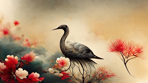 Oiseaux de grue et fond de paysage naturel d'art avec illustration 3d de texture d'icône traditionnelle asiatique