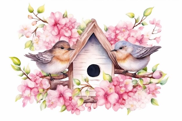 Photo oiseaux de jardin sur la cabane aux oiseaux avec des fleurs de printemps illustration à l'aquarelle dessinée à la main