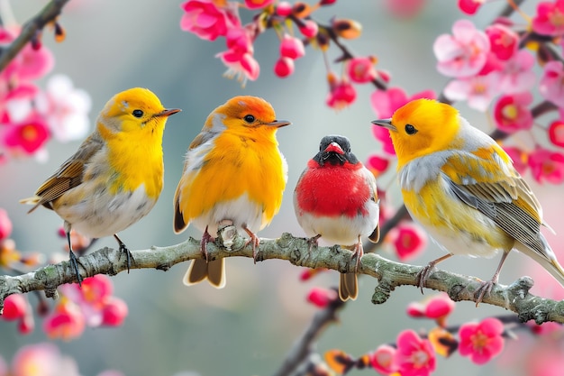 Des oiseaux jaunes et rouges assis sur une branche d'arbre de printemps avec des fleurs roses