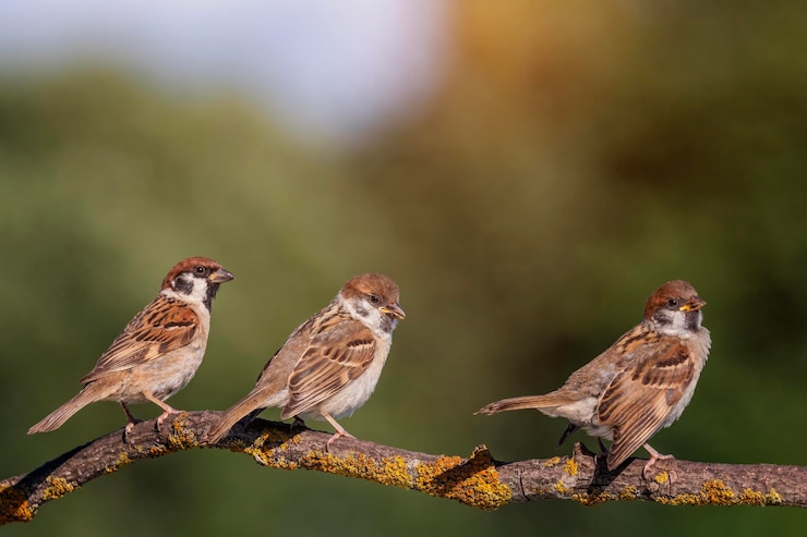 Photo oiseaux jeunes moineaux assis sur la branche d'un arbre dans le jardin d'été