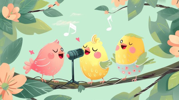 Photo des oiseaux mignons avec un microphone sur l'arbre chantant le concept du printemps