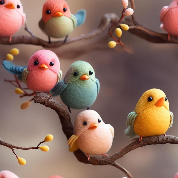 Des oiseaux mignons sans couture sur les branches motif 3D