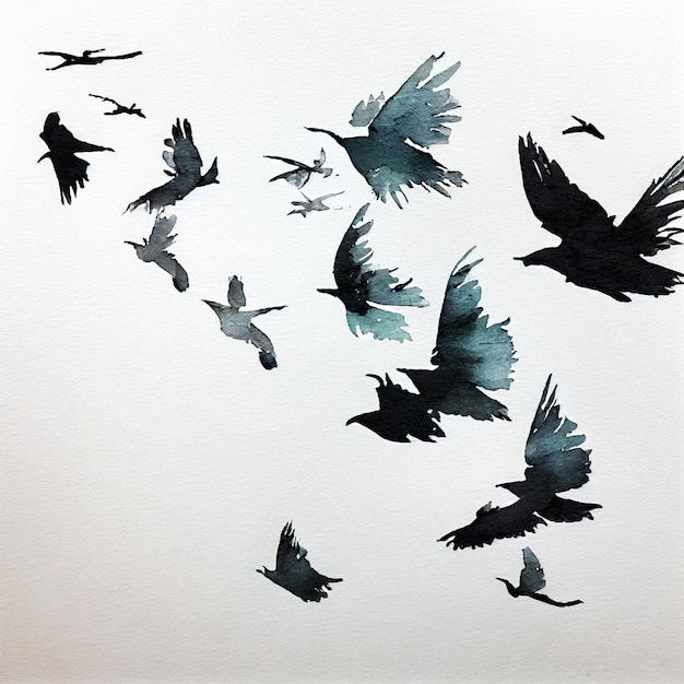 Oiseaux noirs volant dans le ciel illustration à l'aquarelle isolée sur fond blanc noir et blanc