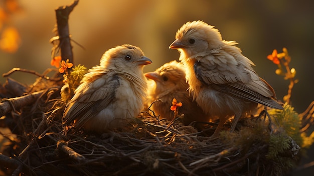 Photo les oiseaux nourrissent leurs petits dans le nid.